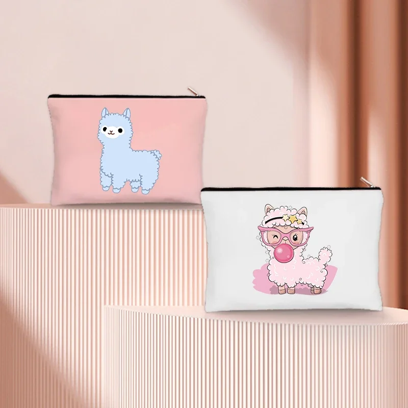 Kawaii Alpaca Makeup Canvas Bag Children Travel Pencil Case Stationery Storage Cute Animal Cosmetic Zipper Clutch Gift for Girls