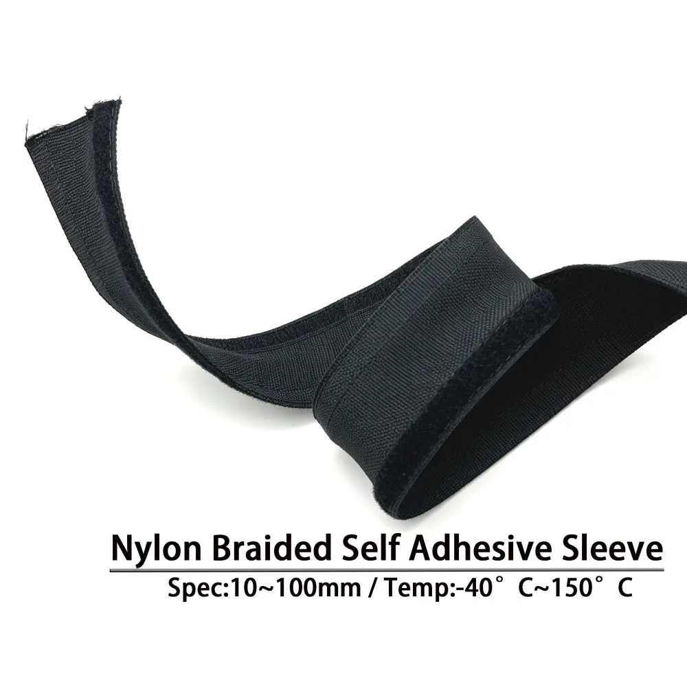 Black Self Adhesive PET Braided Sleeve Cable Wrap Sheath ID 10mm - 100mm High Temperature Nylon Harness Sleeves Wire Protector