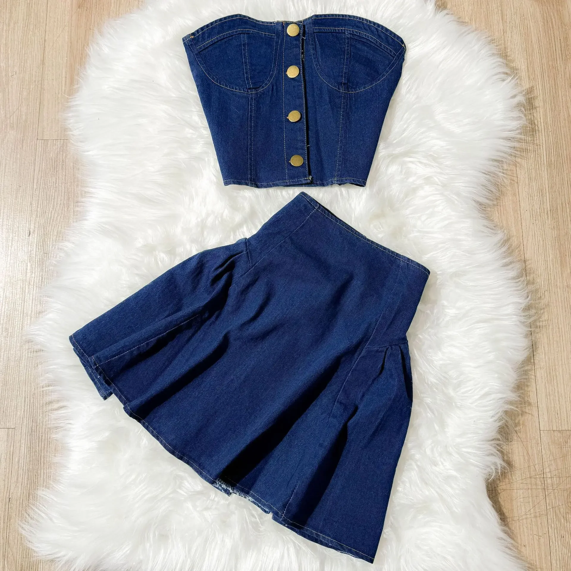 

Women Dress Stets Denim Washing Two Pieces Strapless Vest Sheath Basics Pleated Mini Skirts Solid Pockets 2024 Button Sexy