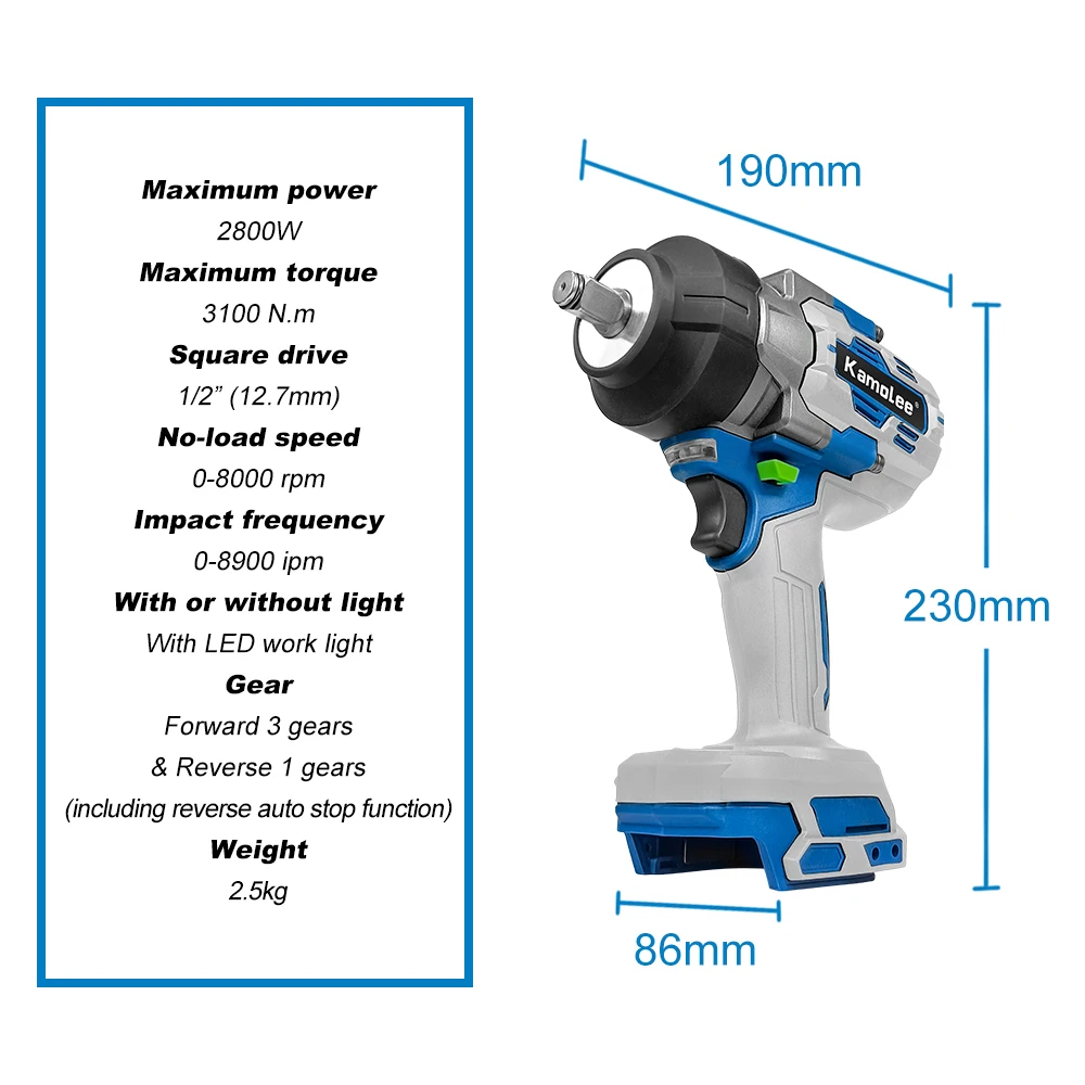 Kamolee 3100NM Brushless Electric Wrench 1/2 inch Cordless Impact Wrench Handheld Power Tool For Makita 18v Battery