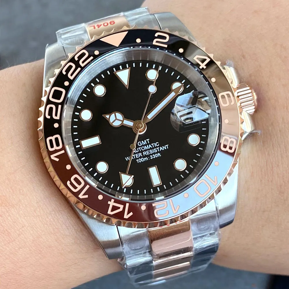 Classic Business Silver Rose Gold Two Tone NH34 GMT Watch 40mm Diver  100m Waterproof Sapphire NH34A Automatic Watches For Men