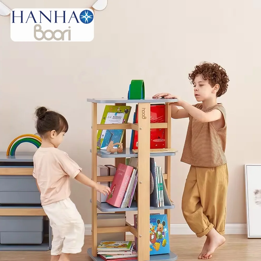

Modern Style Montessori Storage Book Organizer Rack Combined White Smart Wooden Standing Revolving Bookshelf for Children