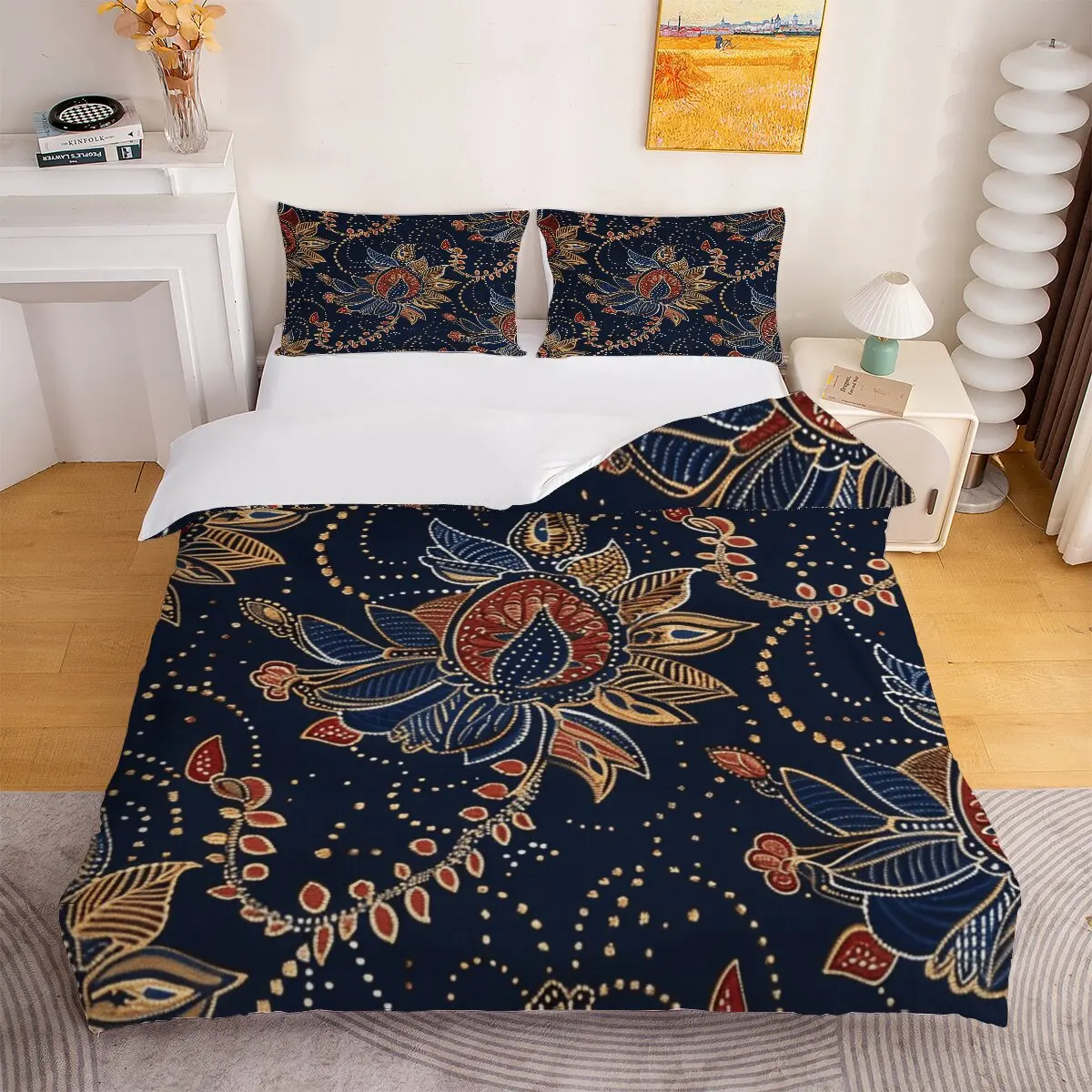 Gold flowers  Down comforter set large size  Blue ripples  1 duvet cover and 2 pillowcases (without blankets)