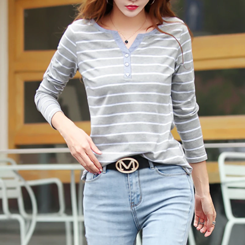 Autumn Female Clothing Casual Cotton T-Shirt  Women 2023 Spring Long Sleeve Striped Fashion Tops Tee Lady V-neck T-Shirt 7215 50