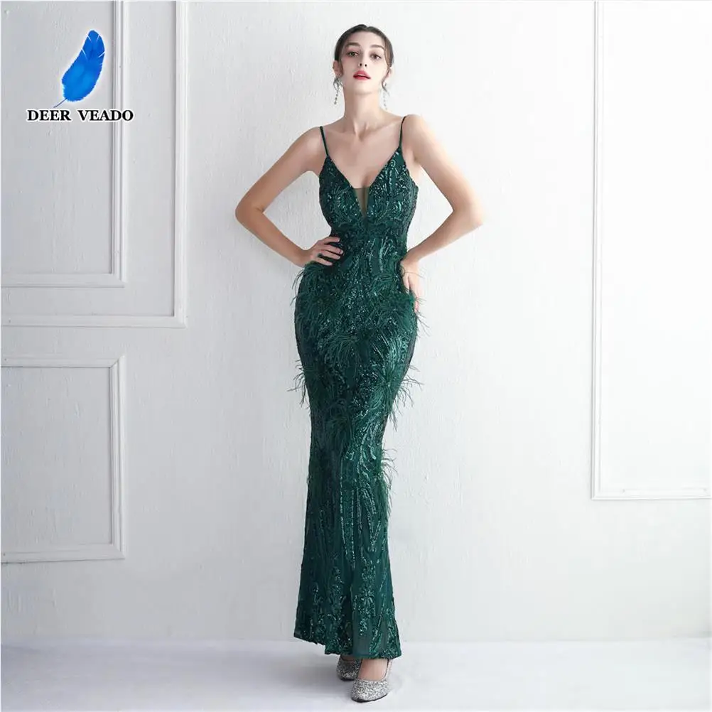 DEERVEADO 7 Colors Women's Deep V-Neck Evening Dresses Long Mermaid Sequins Prom Party Maxi Dress with Feathers Formal Dresses