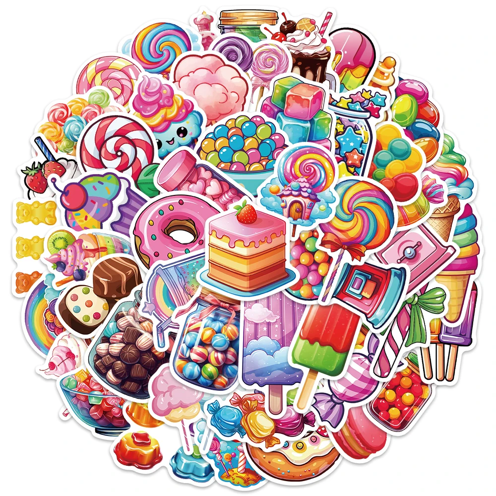 50pcs Aesthetic Cartoon Dessert Lollipop Candy Stickers Cute Kids Water Bottle Sticker Luggage Laptop Guitar Waterproof Decals