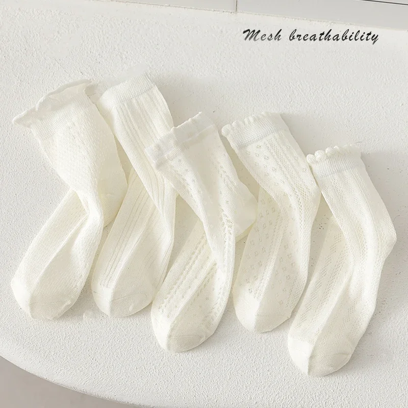 

5 Pairs Solid Color Mesh Girls' Socks Are Simple and Fashionable, Casual, Breathable, Cotton, Combed, Comfortable and Soft
