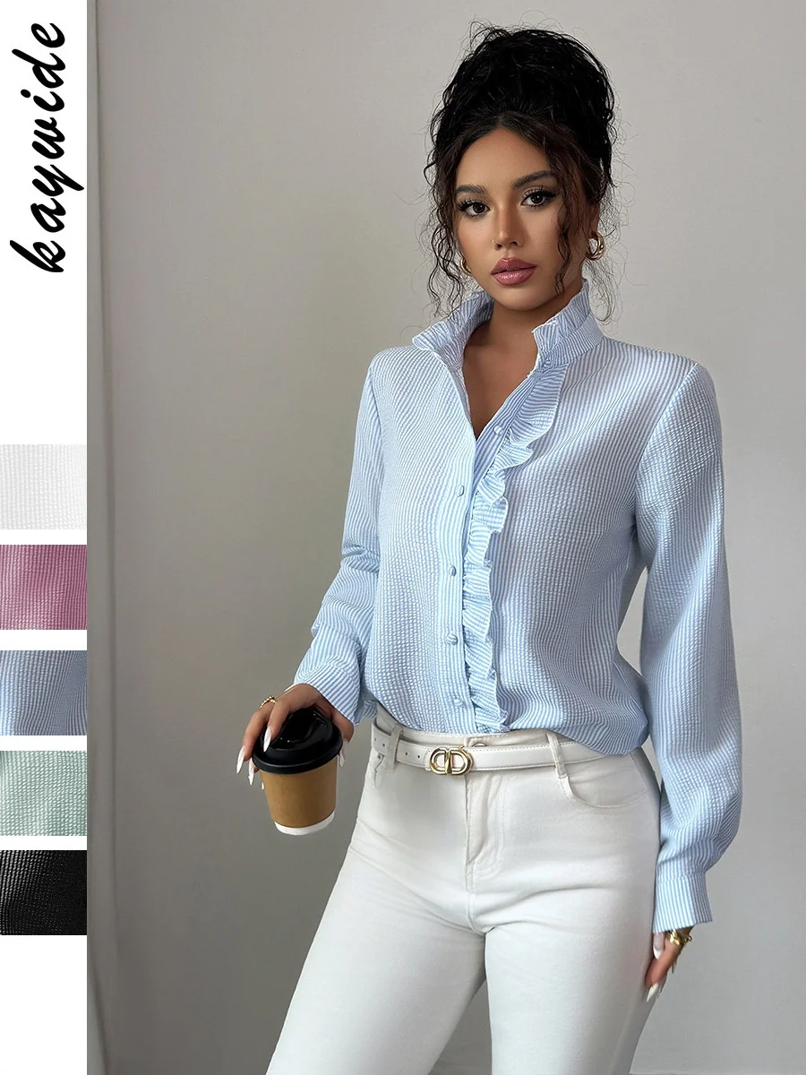 Faionable مخطط طويل Sve المرأة irt الوقوف الياقة Ele Sle عادية الرياح الإنتاج الصيني مجموعة الصيف #1