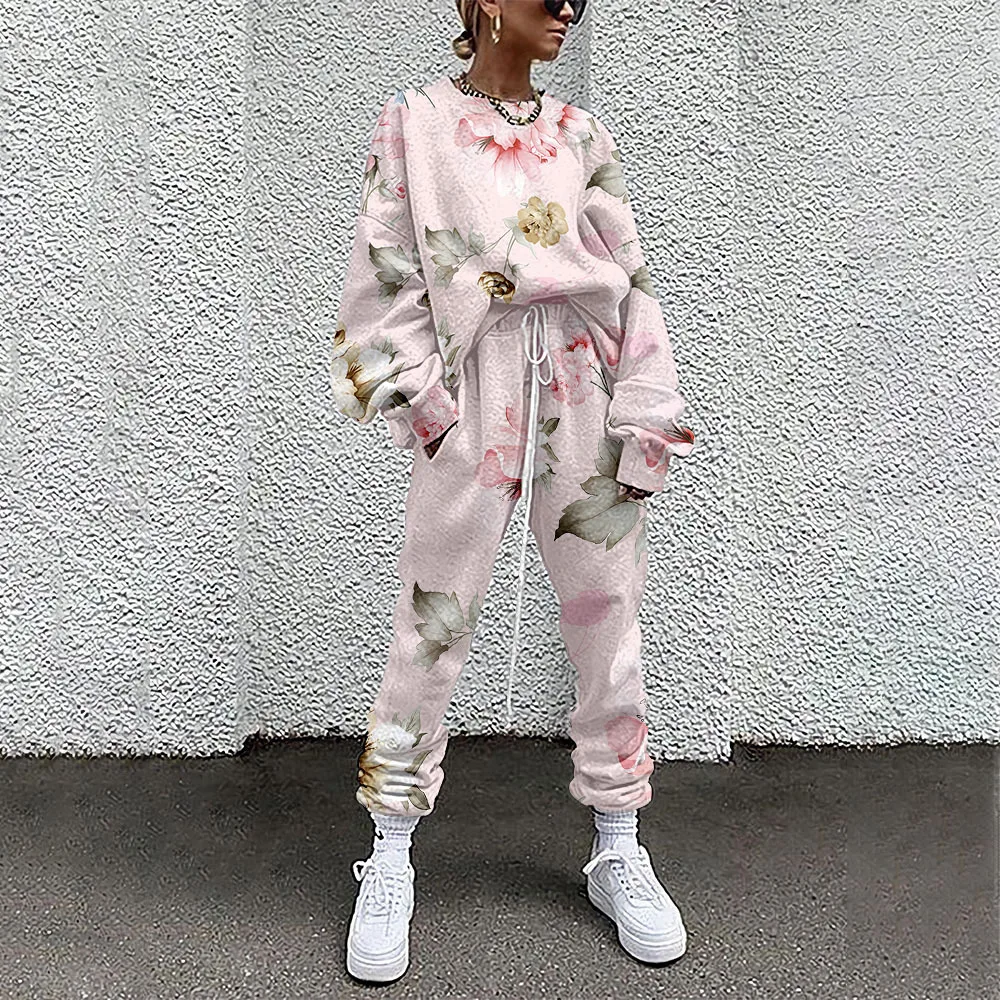 2021 Fall Winter Tracksuits Women Two Piece Set Floral Print Sport Outfits Casual Sweatshirt+Pants Women Sweat Suit Lady Girls