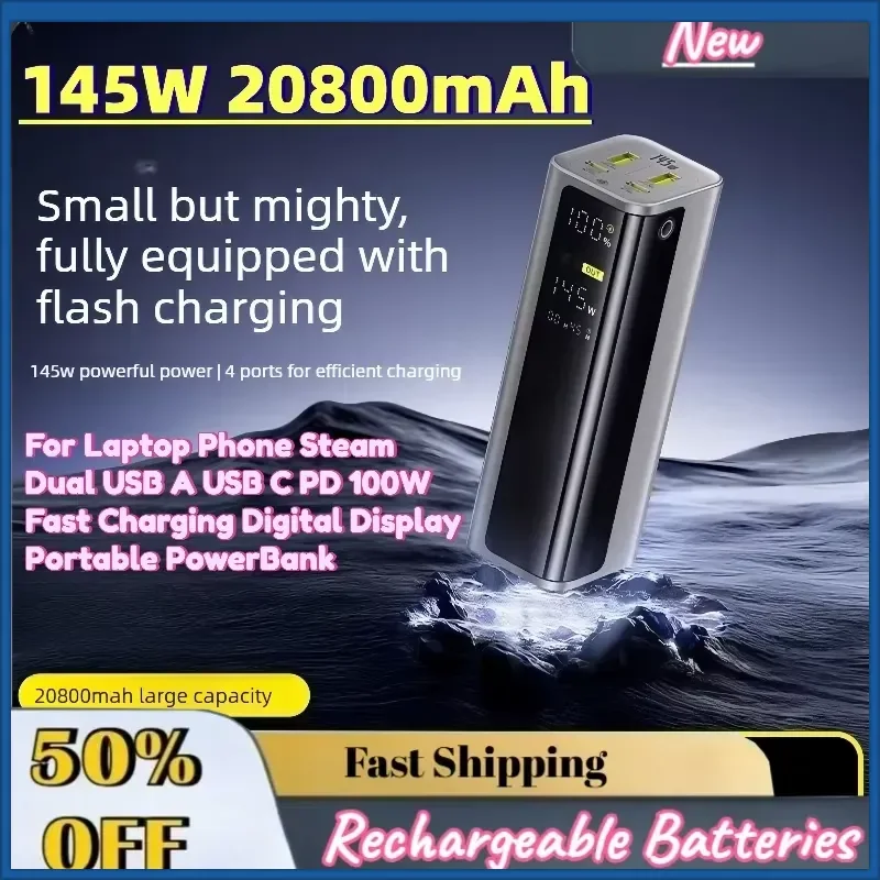 New 145W 20800mAh Power Bank for Laptop Phone Steam Dual USB A USB C PD 100W Fast Charging Digital Display Portable PowerBank