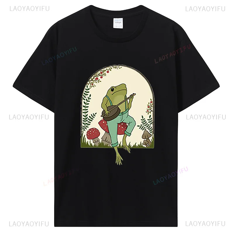 Cute Cottagecore Printed T-shirts Aesthetic Frog Playing Banjo on Mushroom T Shirt Men Cotton Woman TShirt Clothing Camisetas