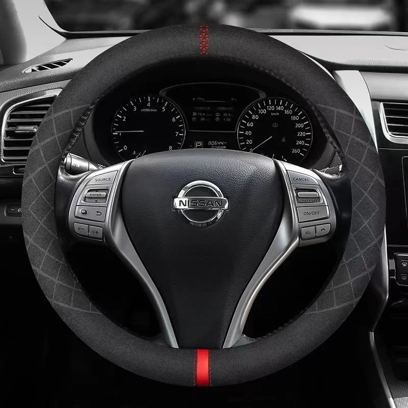 Car Steering Wheel Covers Cowhide Suede Steering Wheel Cover Wrap Universal 37-38cm Breathable Steering Covers Car Accessories