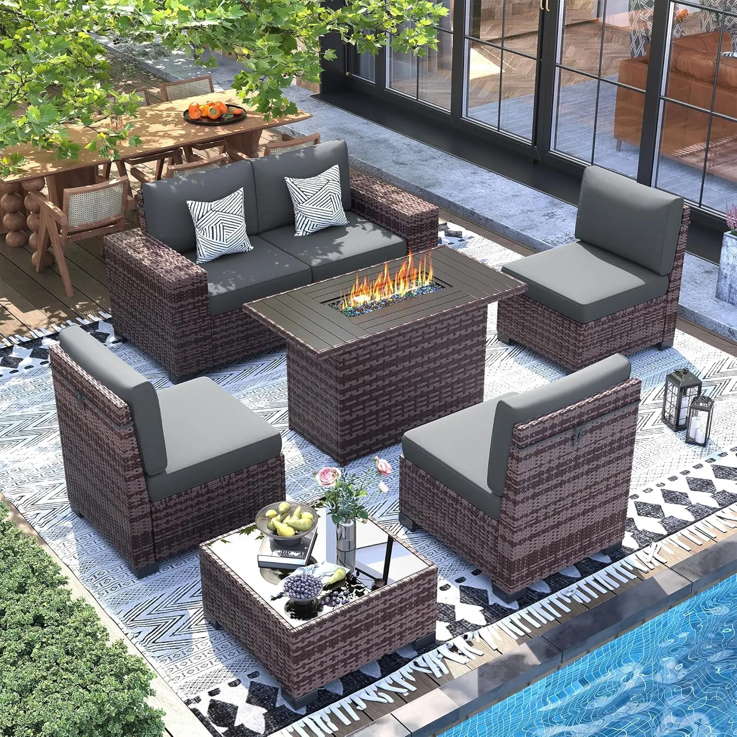 

Furniture Set with Fire Pit Table, 8 Inch Wide Armrest 7 Piece Sectional Sofas, All-Weather Wicker Conversation for, Customized