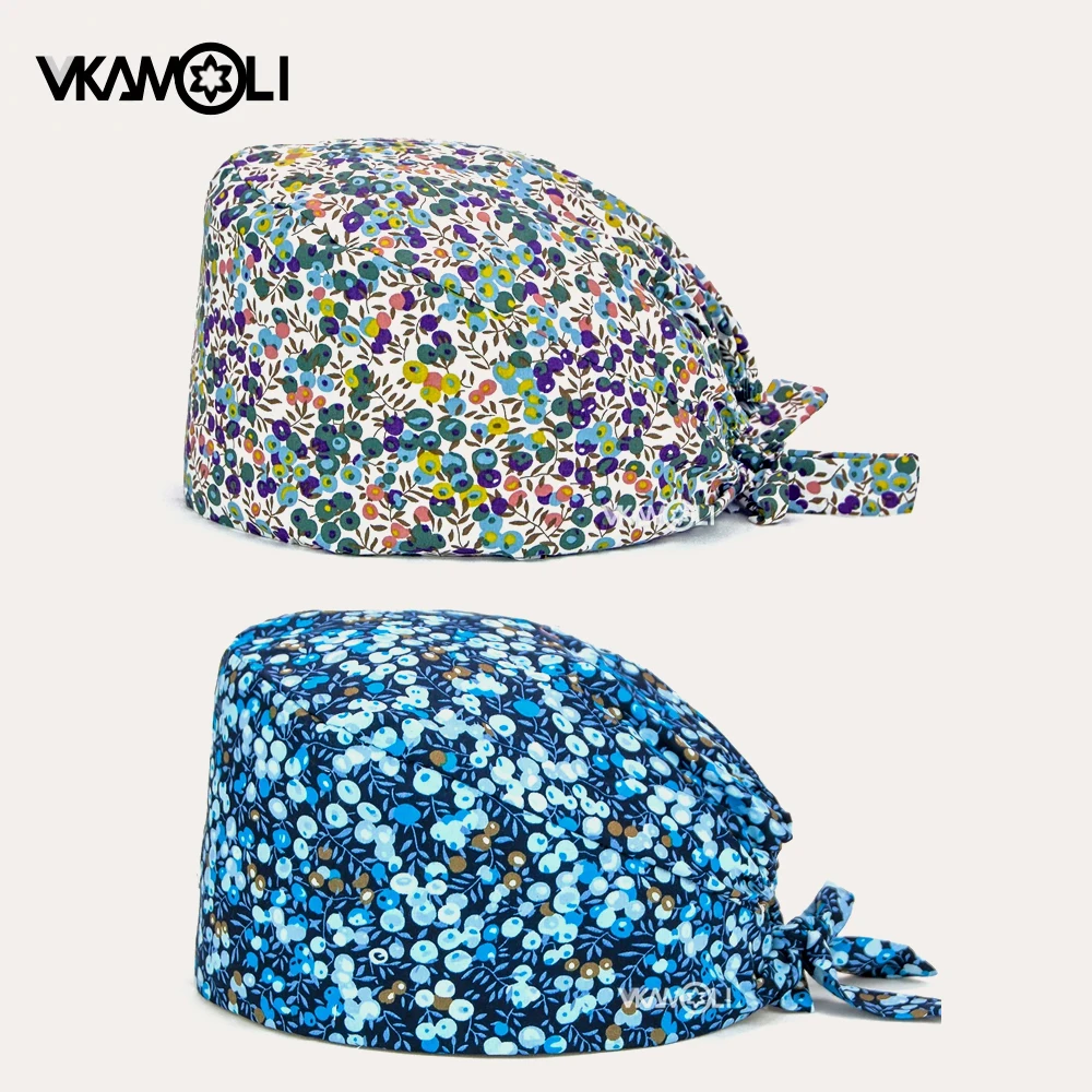 Flower printing Scrub Caps Dental Print Scrubs Hat 100% Cotton Women Men Dust Proof Vet Dentist  Working Hats Tie back cap