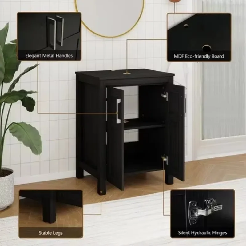 Black freestanding bathroom vanity set with large ceramic sink, mirror and faucet