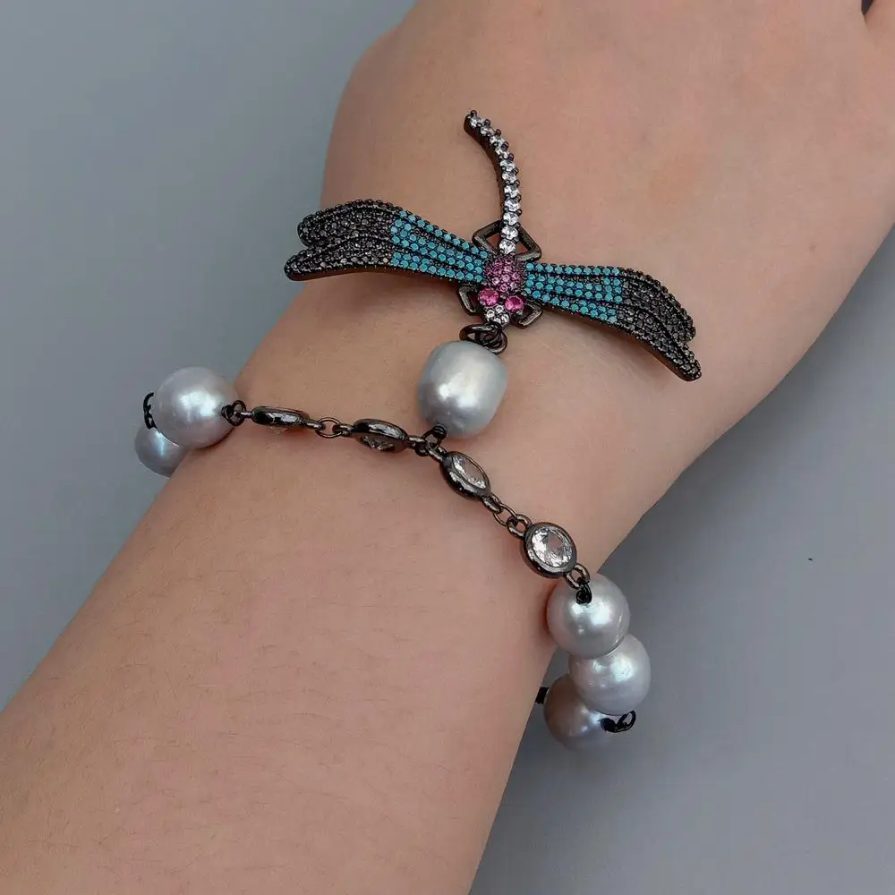 

Y·YING natural Cultured Gray Rice Pearl Beaded Bracelet CZ Pave Dragonfly Charm 8"