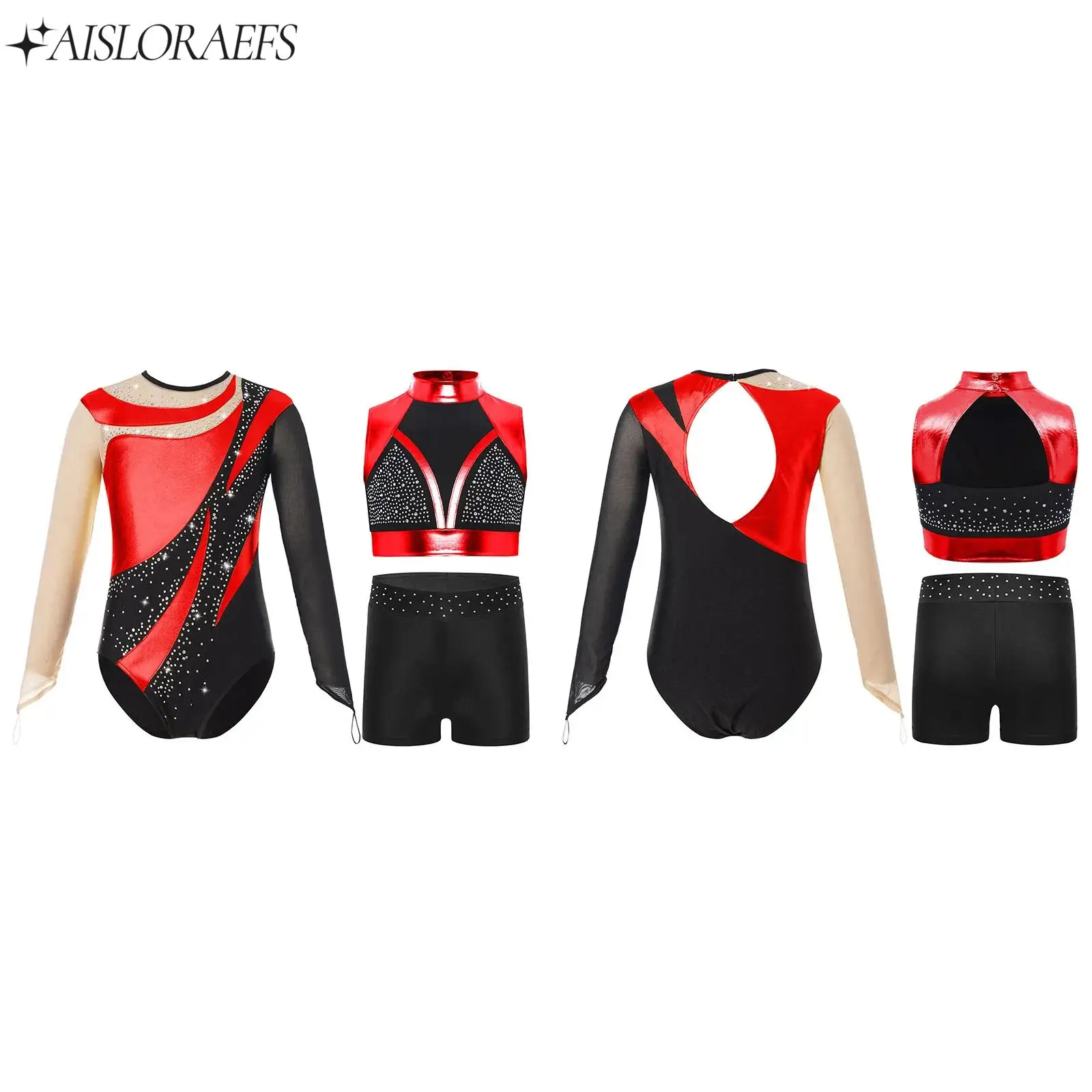 

Kids Girls Shiny Rhinestones Ballet Dance Sets Gymnastics Figure Skating Costume Sleeveless Metallic Crop Top+Shorts+Leotard Set