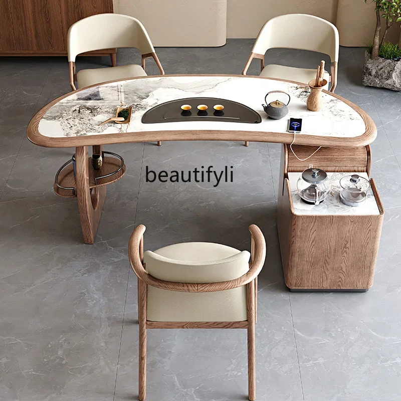 

New Chinese tea table household balcony solid wood curved rock slab tea table, modern simple ash wood tea table