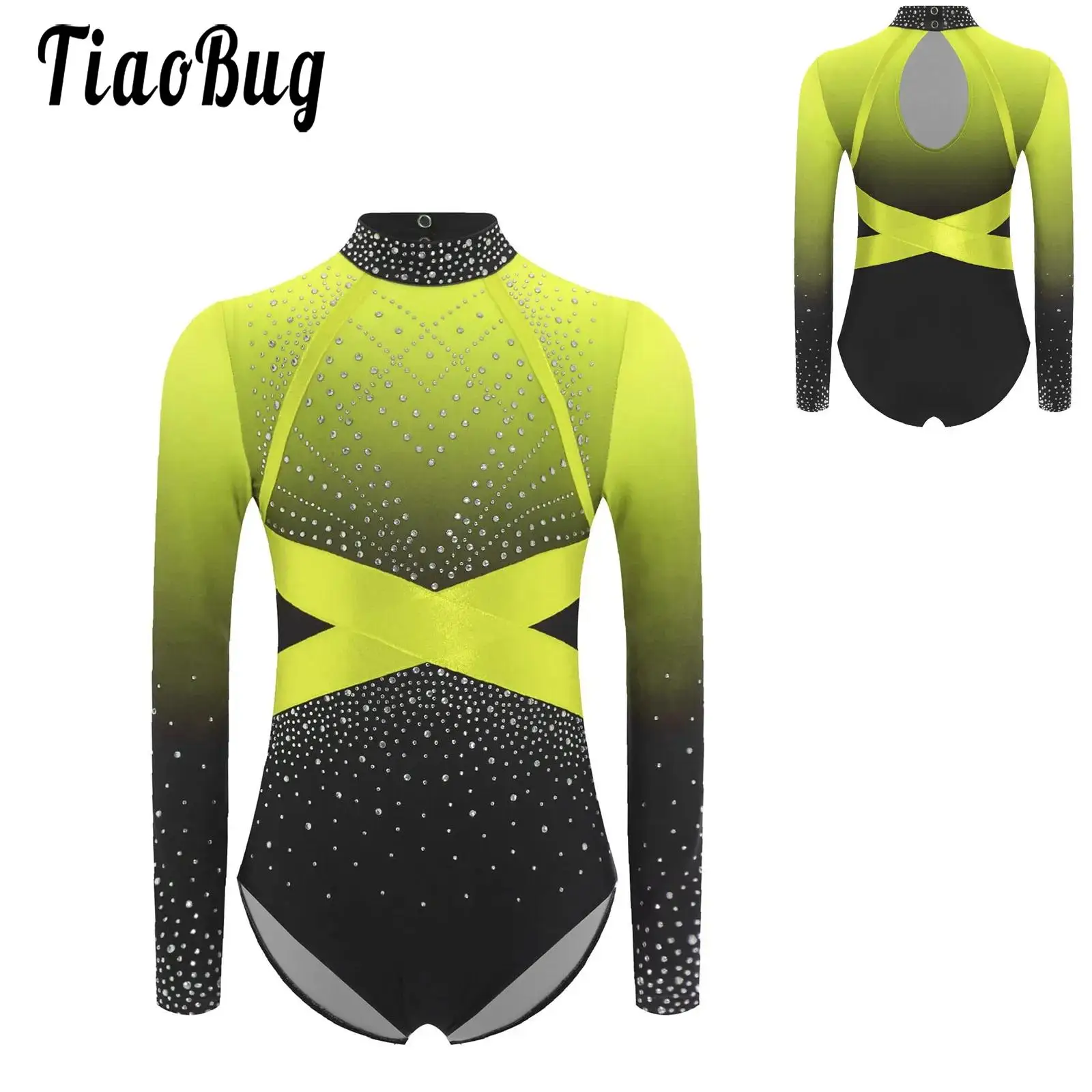 

Girls Ballet Skating Leotards Gymnastics Ballerina Performance Costume Jumpsuit Long Sleeve Color Block Rhinestones One Piece