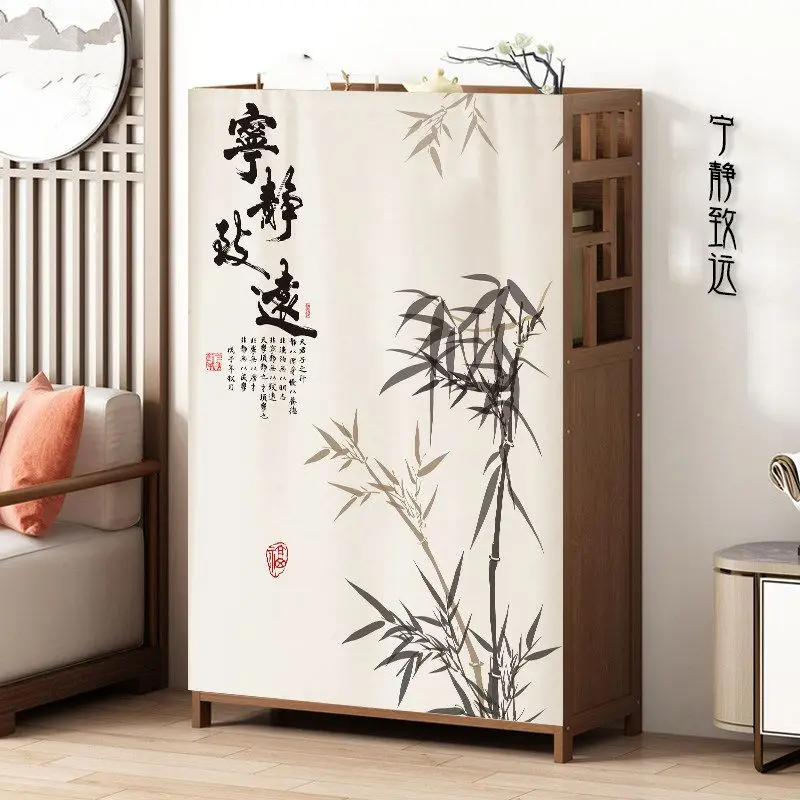 VIKAMA Cabinet Door Curtain Chinese Ink Bamboo Calligraphy Print Dresser Cover for Cupboard Storage Cabinet Chinese Style
