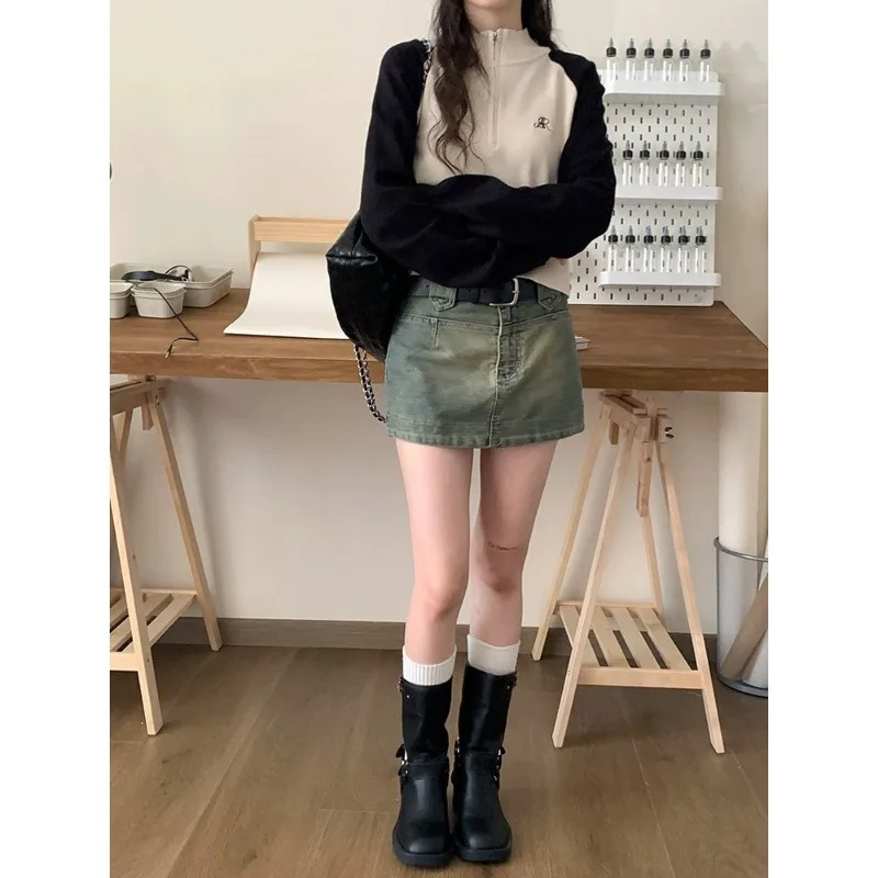 Color Blocking College Style Knitted Hoodie 2024 Early Autumn New Korean Style Design Versatile Cardigan Top Female Clothing