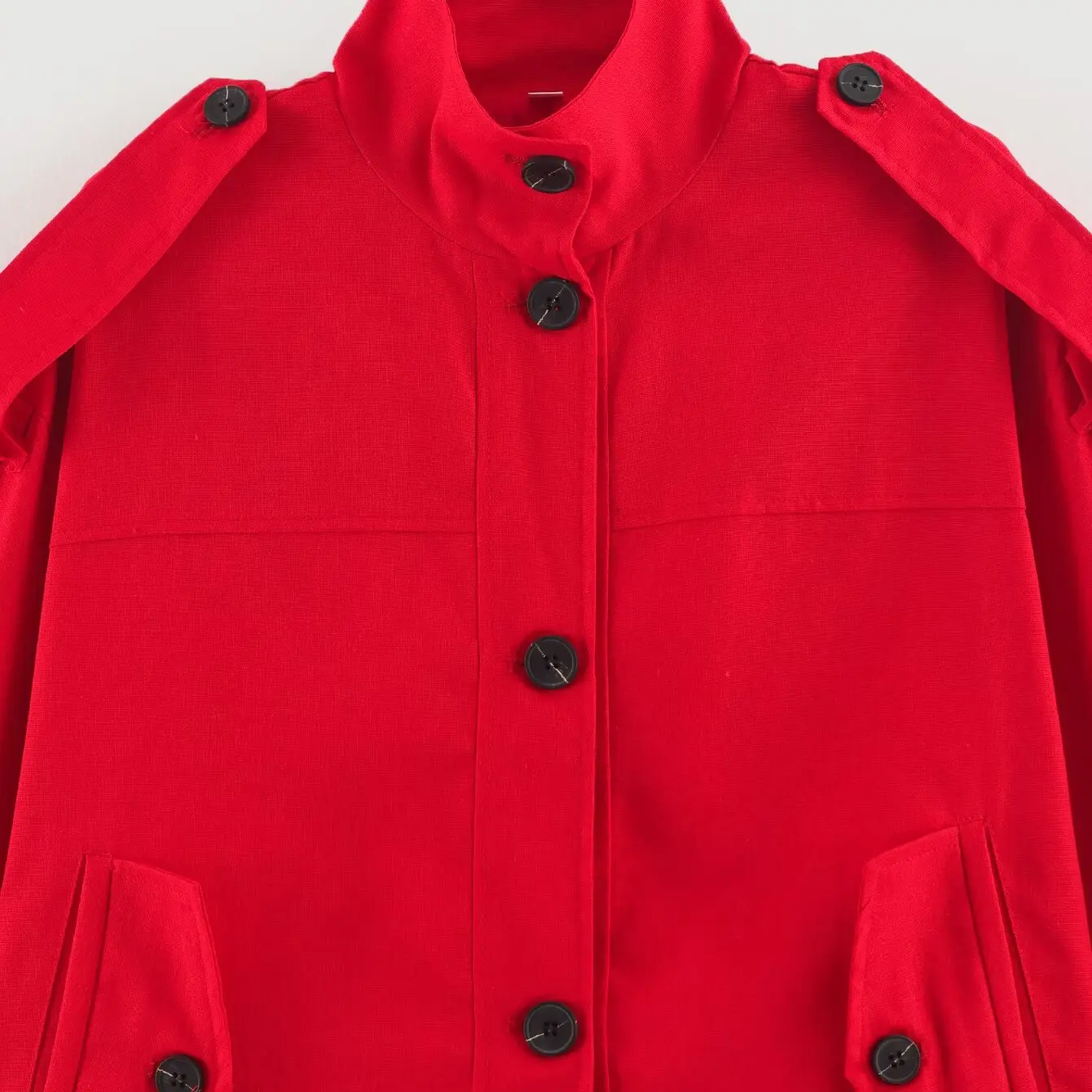 KASLEAD New Women's Loose Fit Short Red Jacket Vintage Turn-down Collar Casual Style Standard Version Long Sleeve Polyester