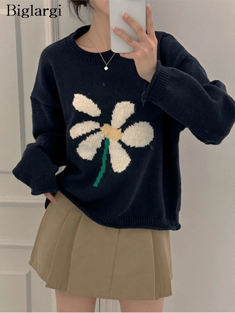 

Knitted Autumn Pullover Sweater Women Flower Sweet Fashion Ladies Sweaters Korean Style Loose Casual Woman Sweater Tops