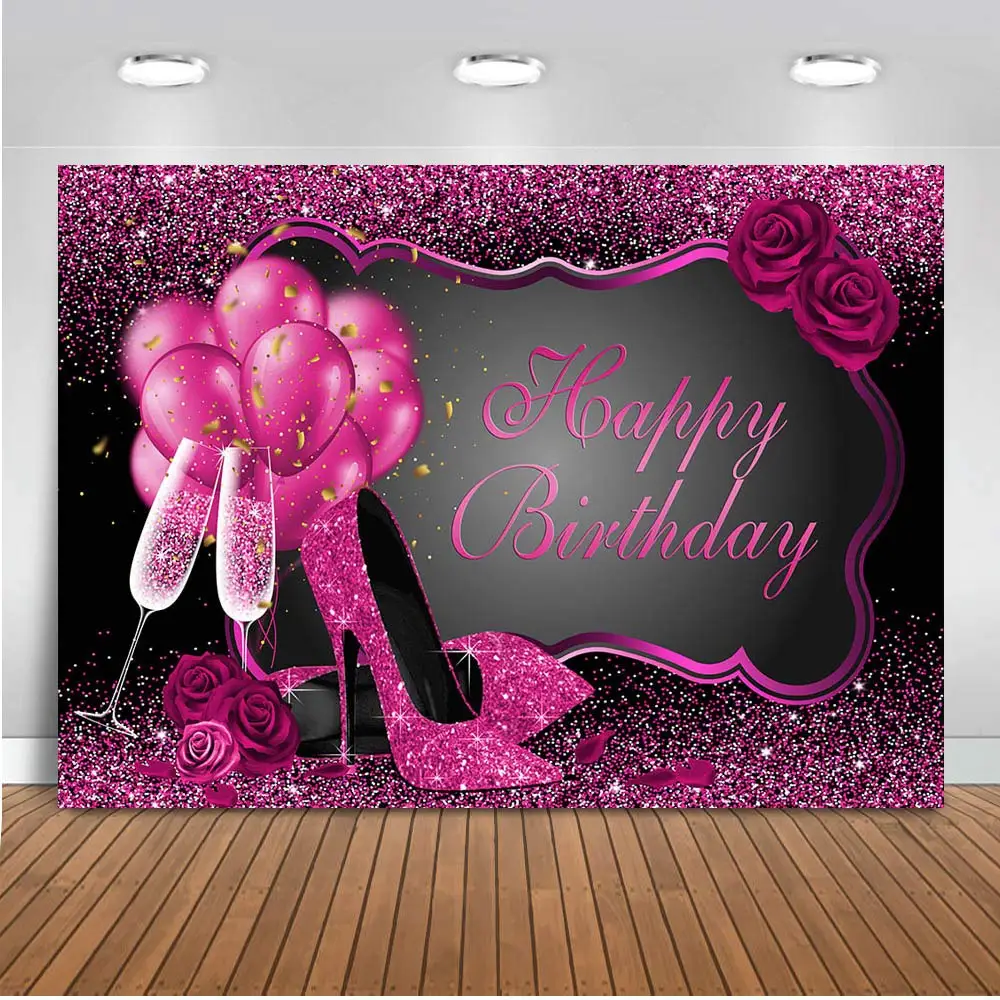 

Pink Birthday Backdrop High Heels Woman Birthday Party Decorations Photography Background Sweet 16 Birthday Photo Banner Props