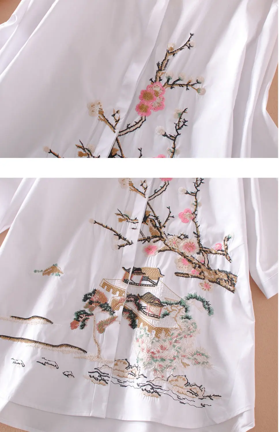 Embroidered Flower Ethnic Style Mid-length Pullover POLO Collar Shirt for Women Spring and Autumn Three-quarter Sleeve Shirt