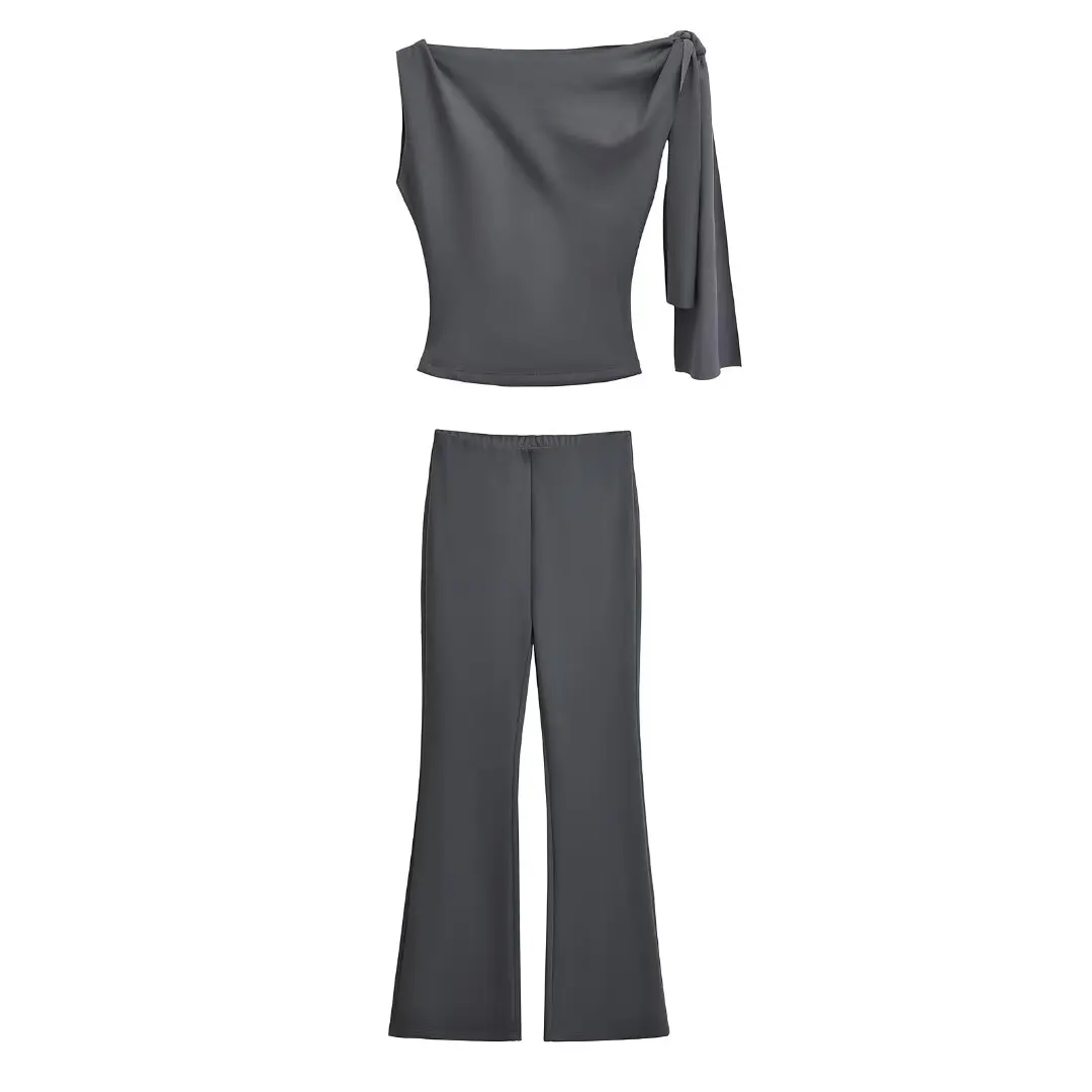 Feminino ort sve colheita superior com cinto faion conjunto calças de perna larga calças compridas primavera 2025 temporada conjunto de duas peças casual wear