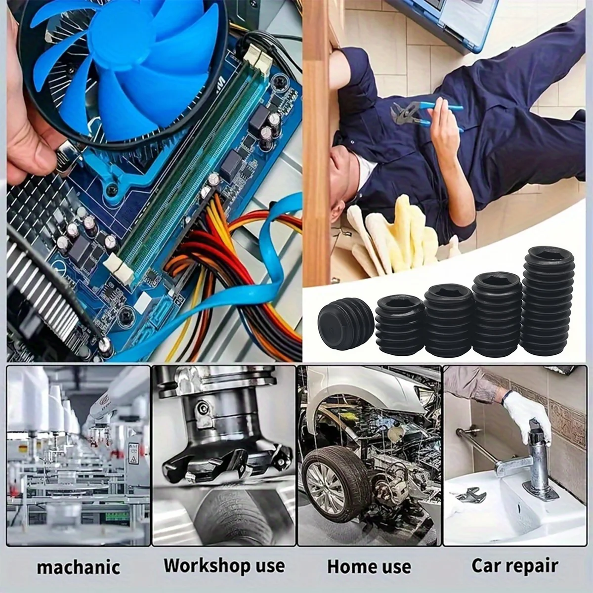 225Pcs 12.9 Grade Carbon Steel Hex Socket Set Screw Assortment Kit, M3 M4 M5 M6 M8 Grub Screws