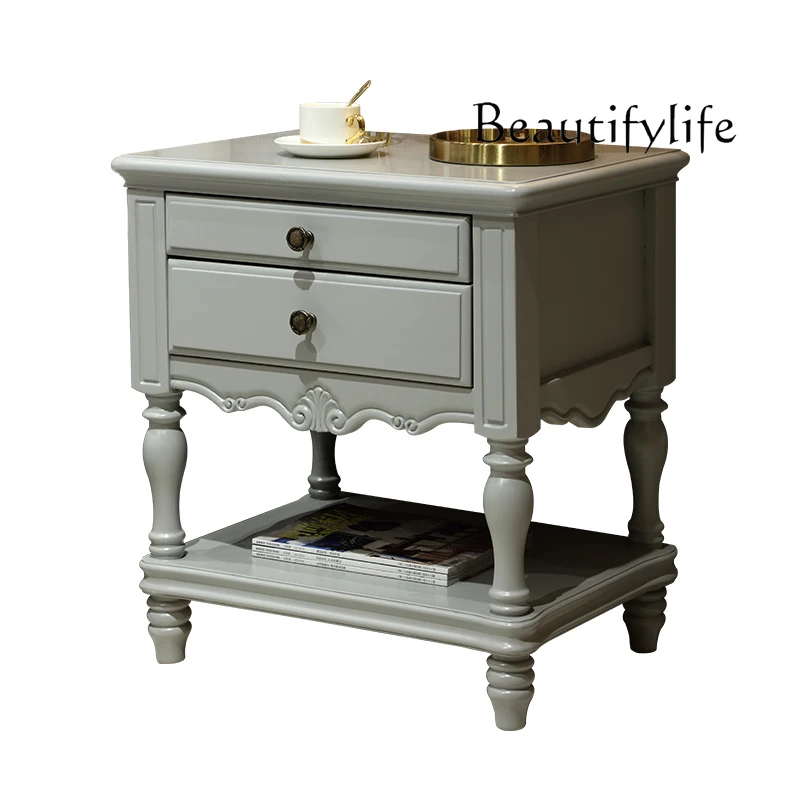 American Light Luxury Solid Wood Bedside Cabinet French Minimalist Bedside Cabinet Korean Country Double Drawer Corner Table