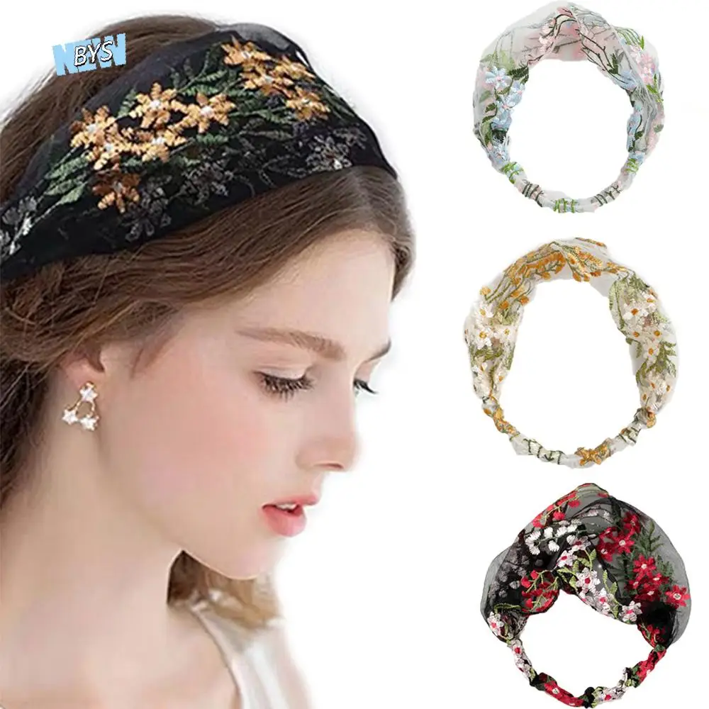 

Wide-Brimmed Simple Face Wash Lace Floral Embroidery Hair Band Hair Accessories Turban Headband Headdress