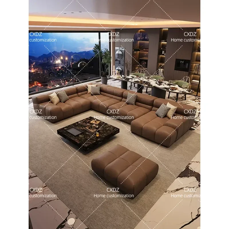Italian Minimalist Leather Sofa for Large Living Room High End Light Luxury Modern Design Comfortable Seating Furniture