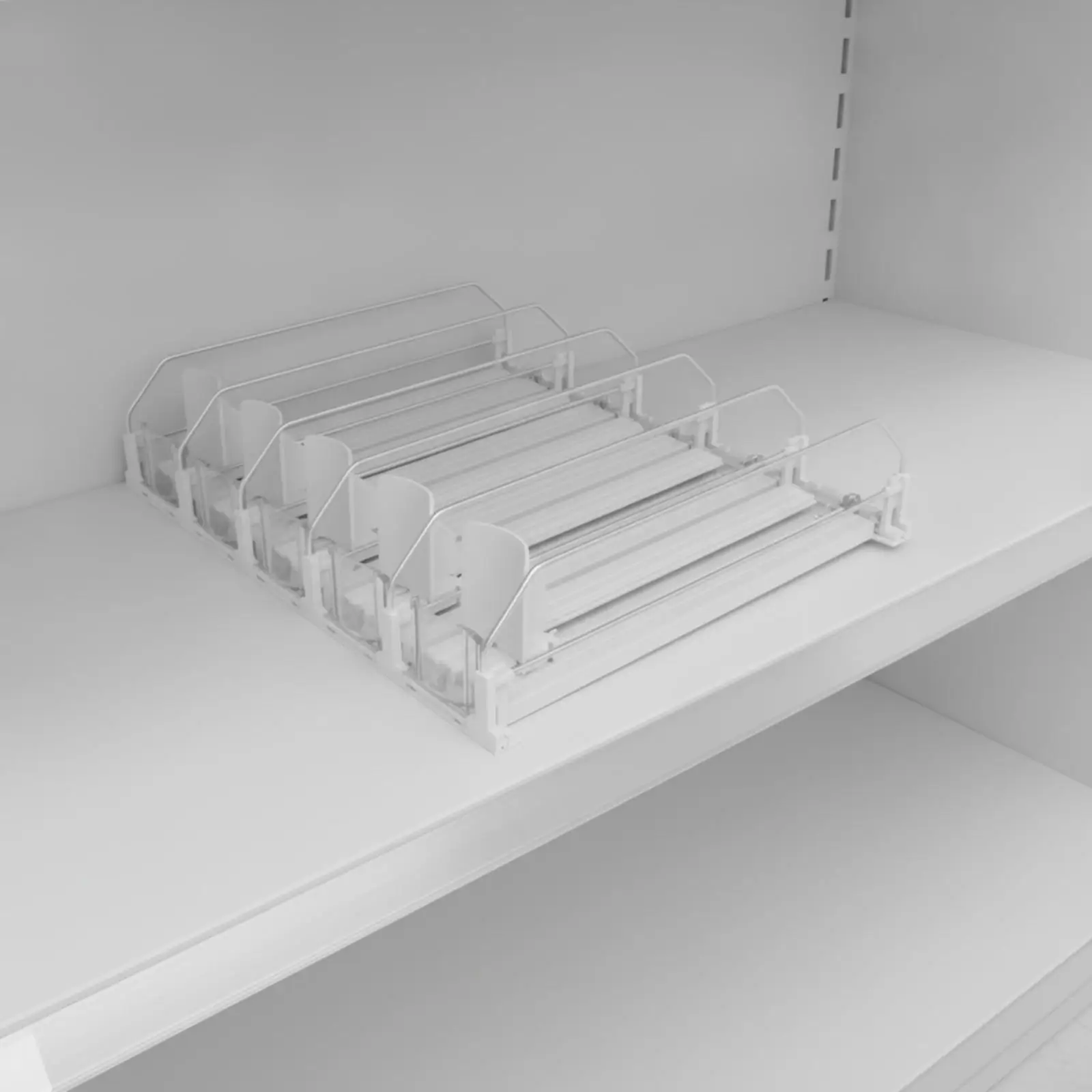 E Shaped Plastic Drink Pusher Rack with Dividers and Retaining Front Panel for Single Sided Retail Shelving System