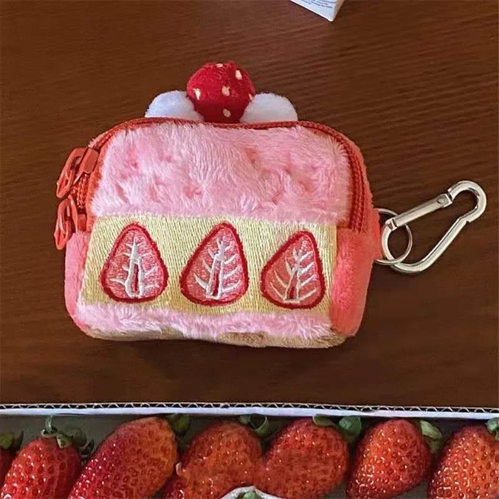 Lovely Plush Strawberry Cake Coin Purse Mini With Keychain Pendant Money Bag Zipper Pink AirPods Cover