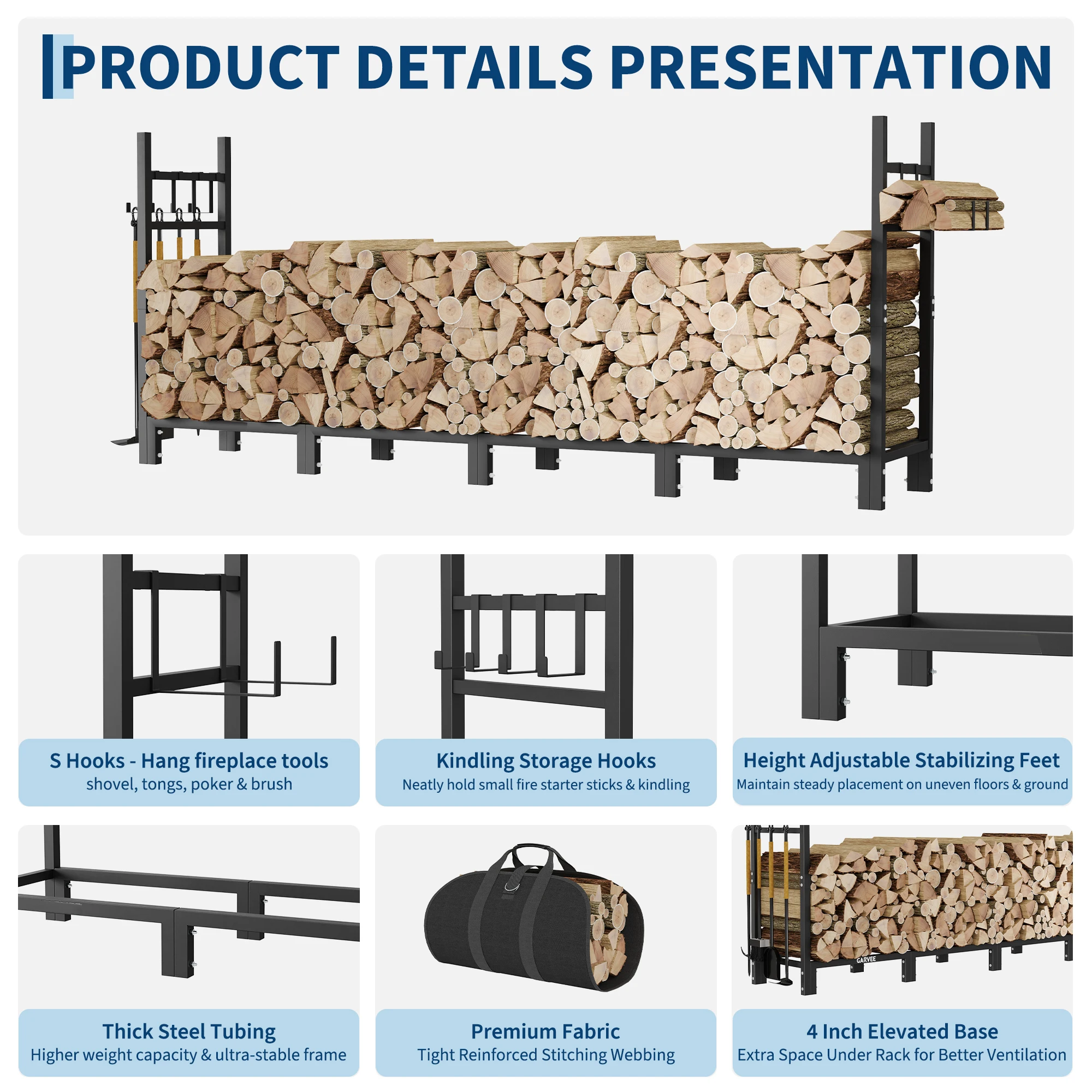 Outdoor Firewood Rack with Log Carrier Bag, Heavy-Duty Steel Wood Storage Holder for Fireplace Logs, Indoor & Outdoor Use, 3/4/6/9 FT