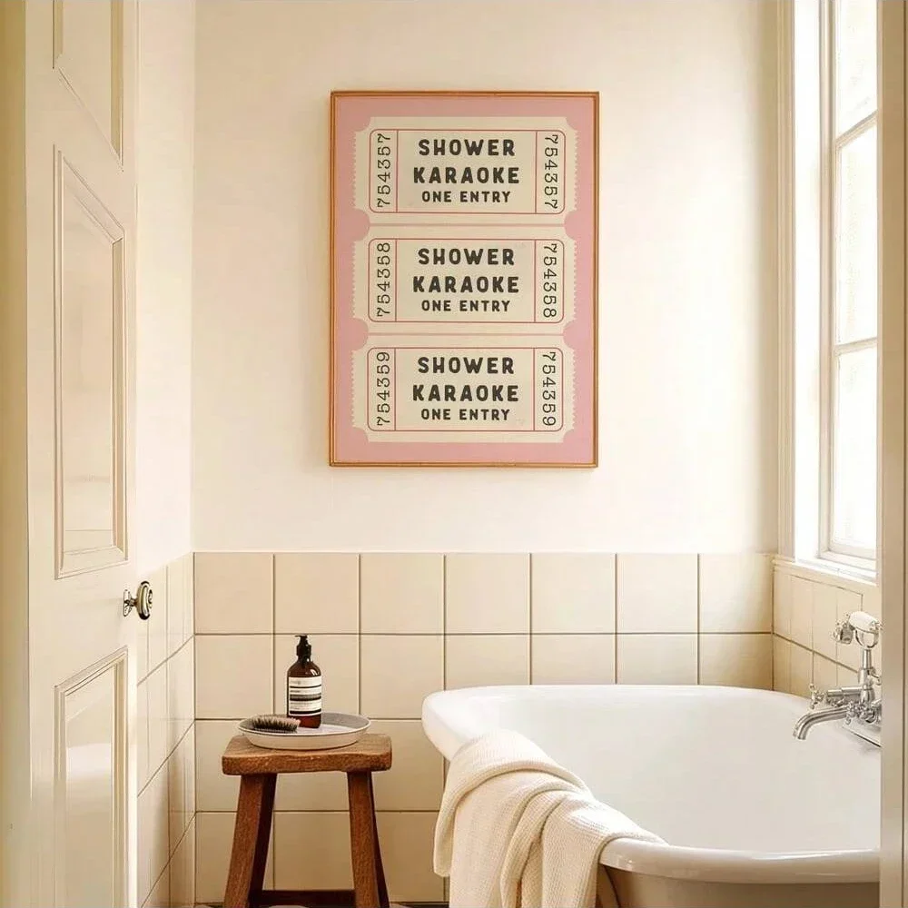 1PCS Unframed Shower Karaoke Ticket Posters Print Bathroom Canvas Painting Retro Pink Shower Funny Wall Art Home Decoration