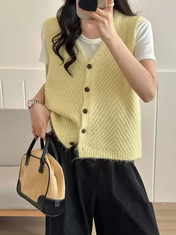 Pullover Weste Für Frauen Herbst 2025, Neue Modische Koreanische Stil V-ausschnitt Single Button Gestrickte Pullover Westen Frauen Outwear Tops