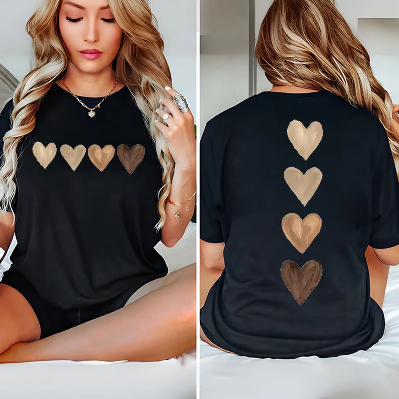 Brown Tone Paint Hearts Front And Back Vintage Art Print Graphic Womens T Shirt Short Sleeve Crew Neck Casual Ladies Tee Tops