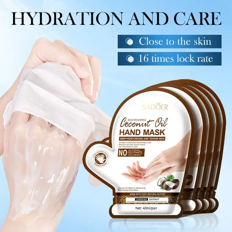 Mascarilla de aceite de coco para manos, mascarilla hidratante para manos con vitamina E, nutritiva, suavizante, hidratante, suavizante, cuidado de manos