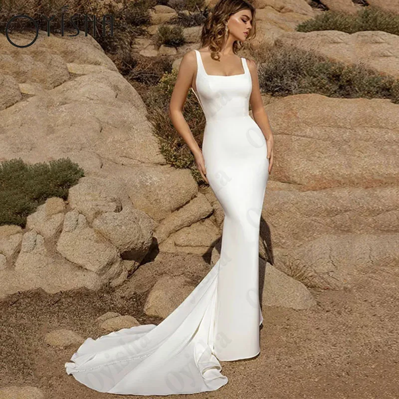 Oyisha-vestido De novia De satén con tirantes finos, traje De sirena con botones y Espalda descubierta, cuello cuadrado, sin mangas, personalizado, para fiesta nupcial Espagueti Tirantes Satén Túnica De Mariée Sin Espa