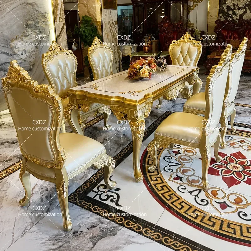 European dining table and chair combination rectangular full solid wood carving flower dining table 6 people luxury French