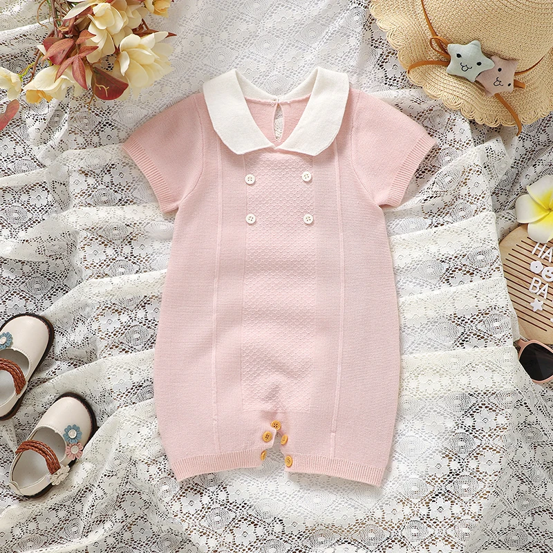 

Newborn Rompers Infant Girls Pink Turtle Neck Short Sleeve Knitted Jumpsuits Outfits One Piece Toddler Outwear Sunsuits Clothing