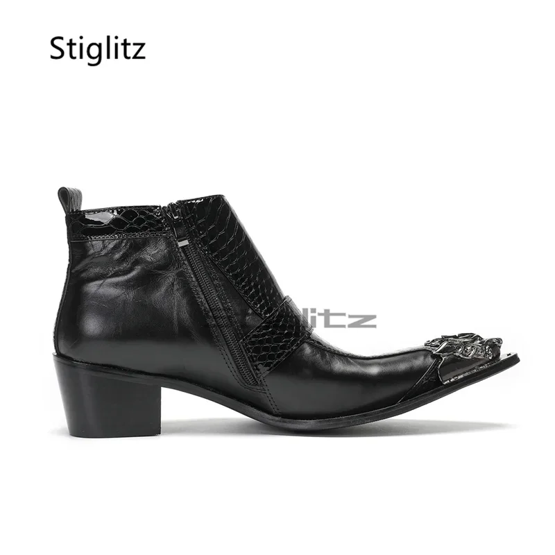 

Rhinestone Buckle High Heels Men's Boots Black Genuine Leather Metal Pointed Toe Side Zipper Business Ankle Boots Male Shoes
