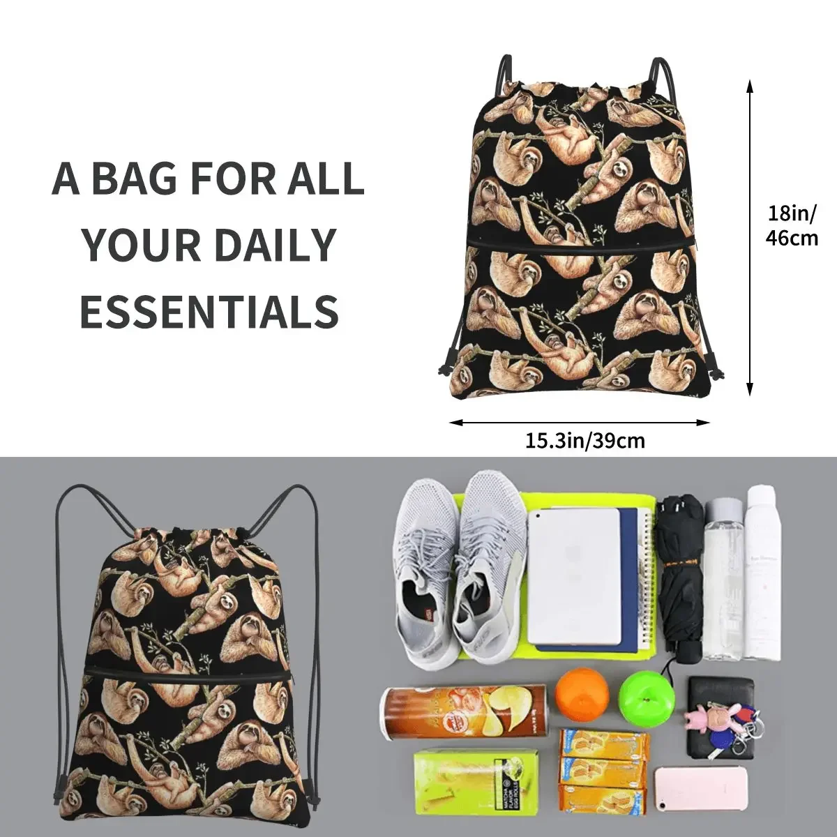 Sloth Watercolor Portable Backpacks Drawstring Bag Casual Drawstring Bundle Pocket Shoes Bags For Travel Sport Man Woman