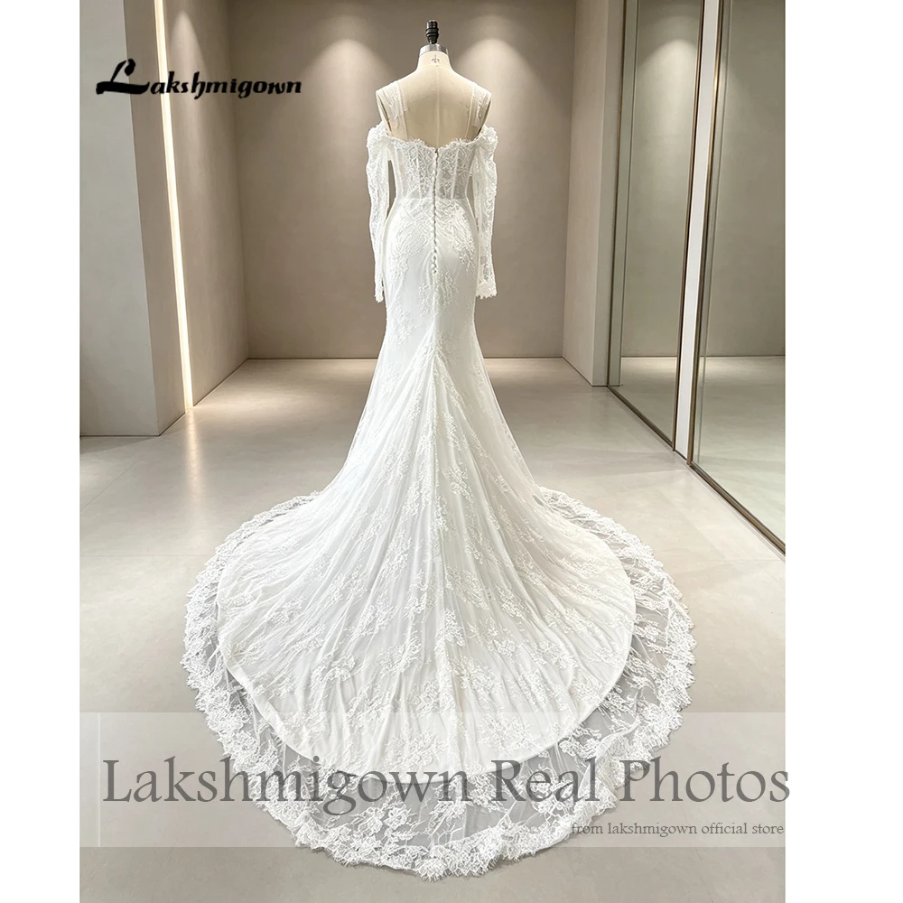 Lakshmigown Schulterfreies Meerjungfrauen-Brautkleid mit langen Ärmeln, luxuriöses Spitzen-Brautkleid, echte Fotos, individuell anpassbar. – Detail 6