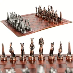 Metal Egypt Theme Characters Chess Metal Solid Color Artificial Leather Chessboard Table Game Toys Entertainment 32 pcs