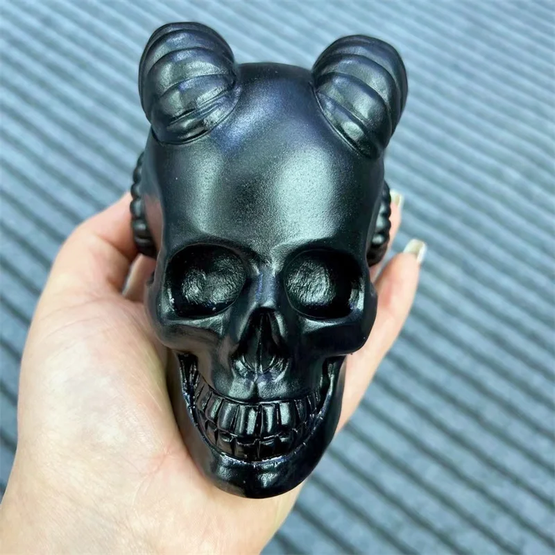 Natural Black Obsidian Devil's Horn Skull Crystal Wicca Wichcraft Reiki Raw Gems Minerals Ornaments Home Decoration Gift 1pcs