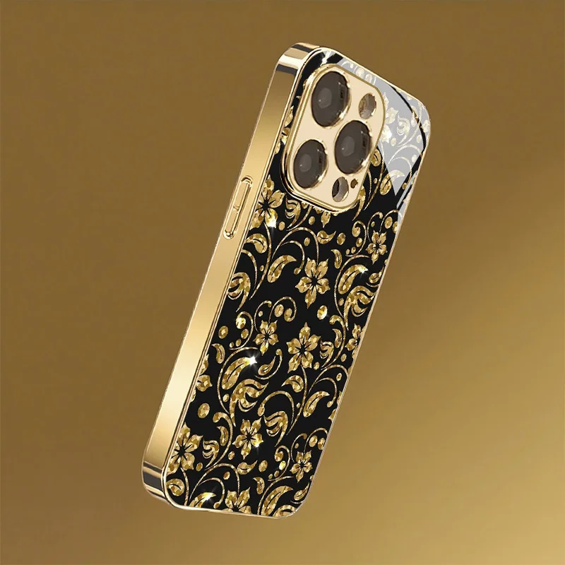 Luxury Black Gold Glitter Floral Glossy Phone Case for iPhone 18 17promax /16/15/14/13/12ProMax/11/11Pro Anti-drop protection